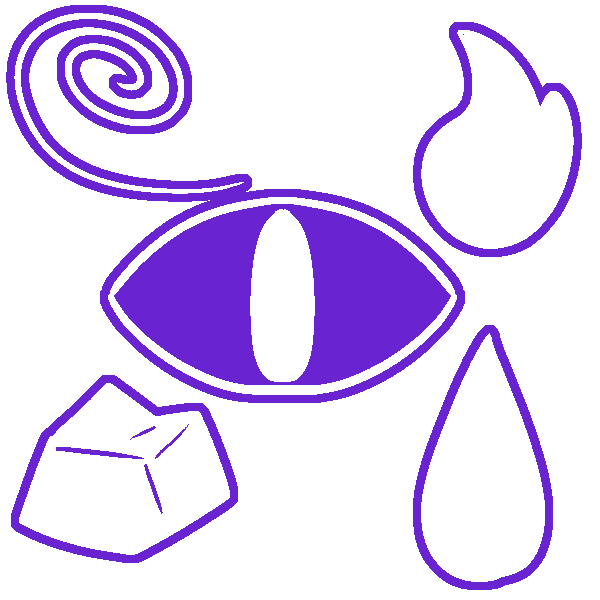 A purple eye with the four elements around it, as a spiral, a flame, a water drop, and a rock, outlined in purple.